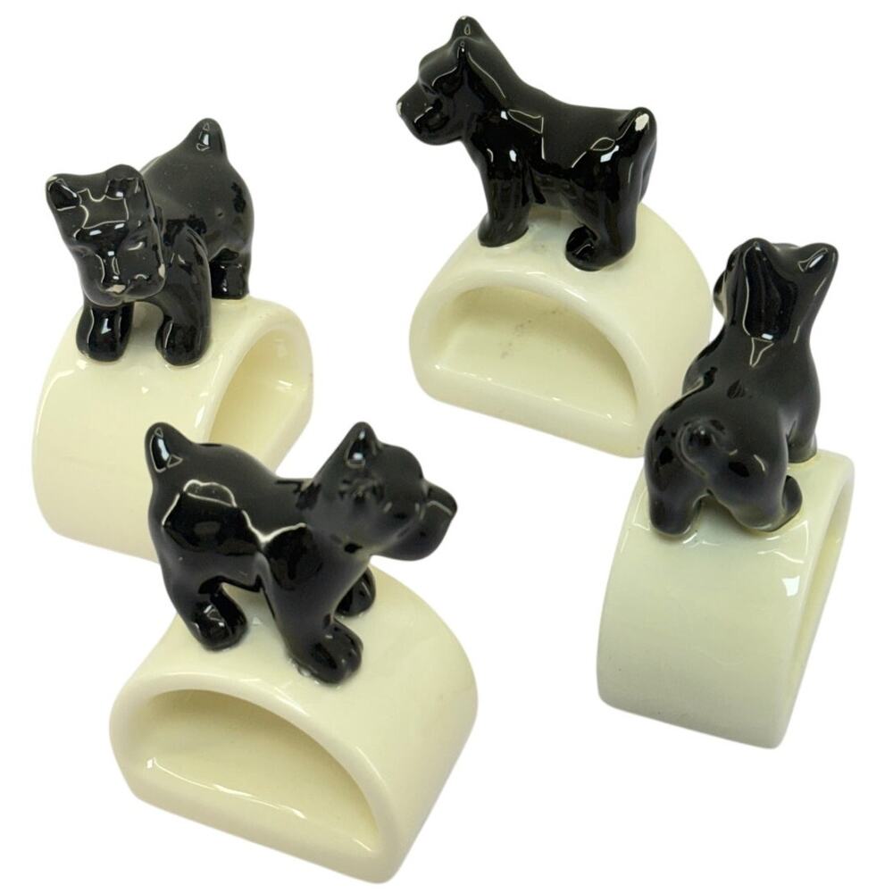 Vintage 2000s Thomas O'Brien Scotty Dog Napkin Rings Set of 4 Black Cream